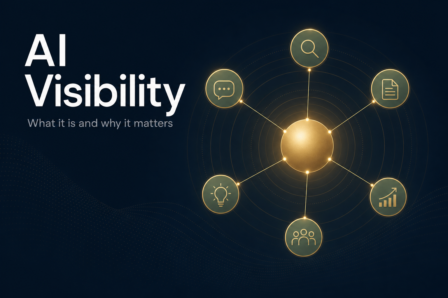 Abstract illustration with bold text reading "AI Visibility" on a deep navy background with brass gold network nodes and signal lines radiating outward